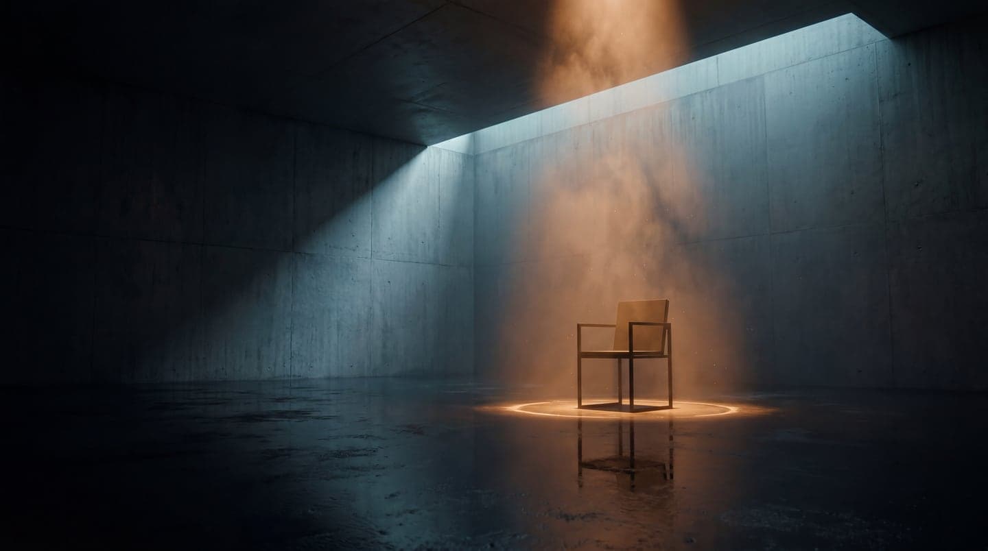 Minimalist chair in a dark concrete hall — amber glow rising from below, cyan light from an opening above