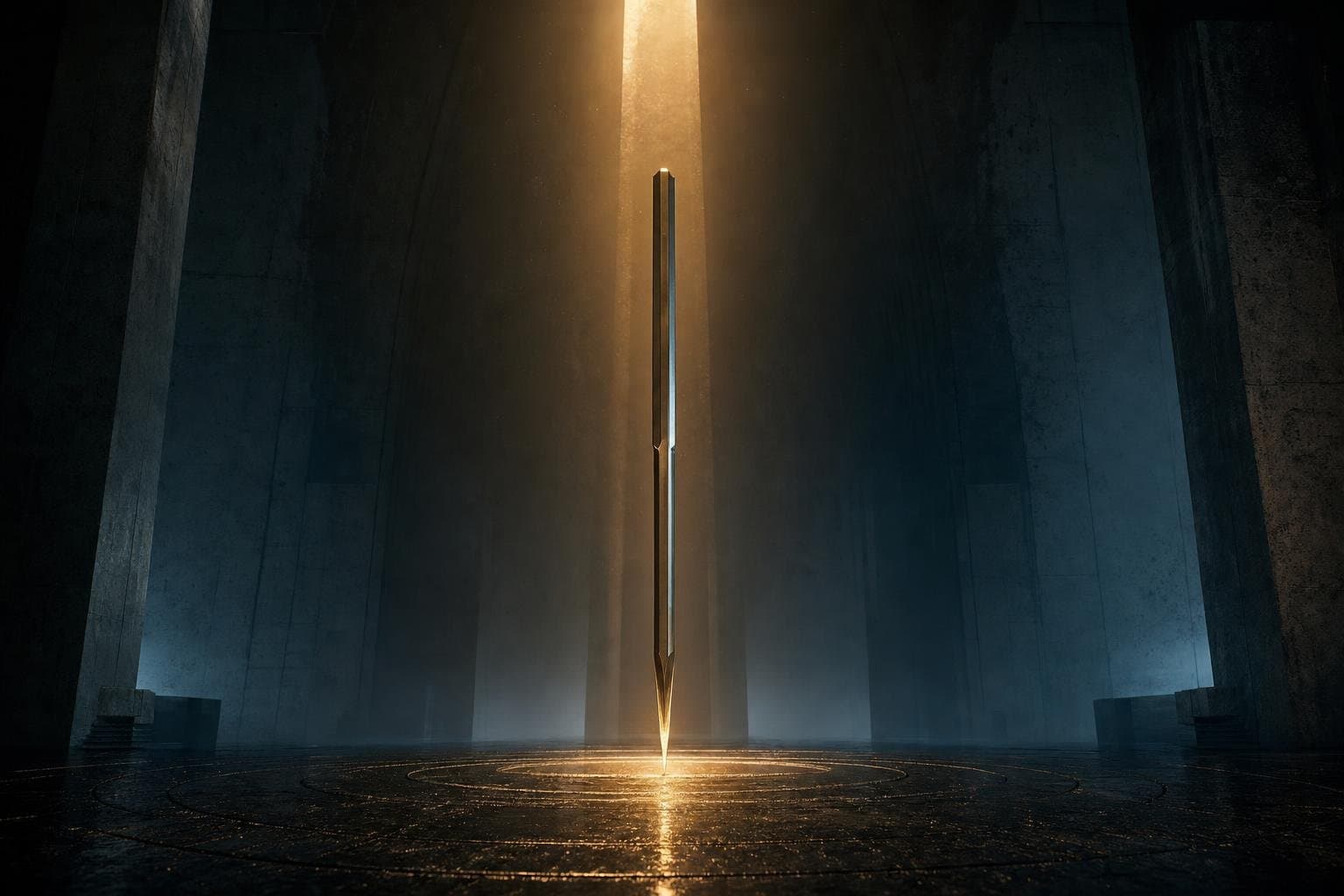 A brass blade-form in an amber beam above concentric floor rings
