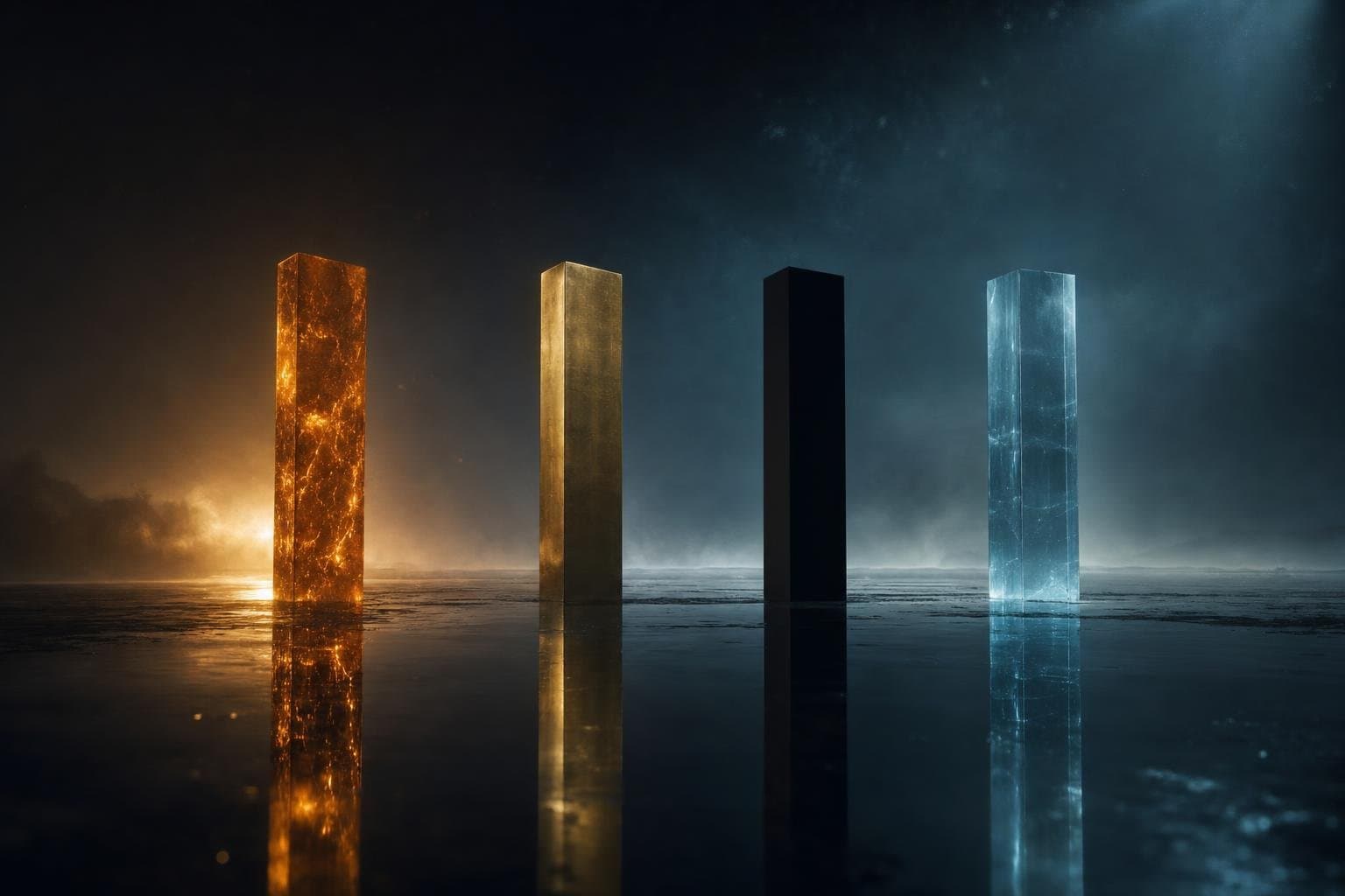Four monoliths on a mirrored plain — fire, brass, void, cold glass