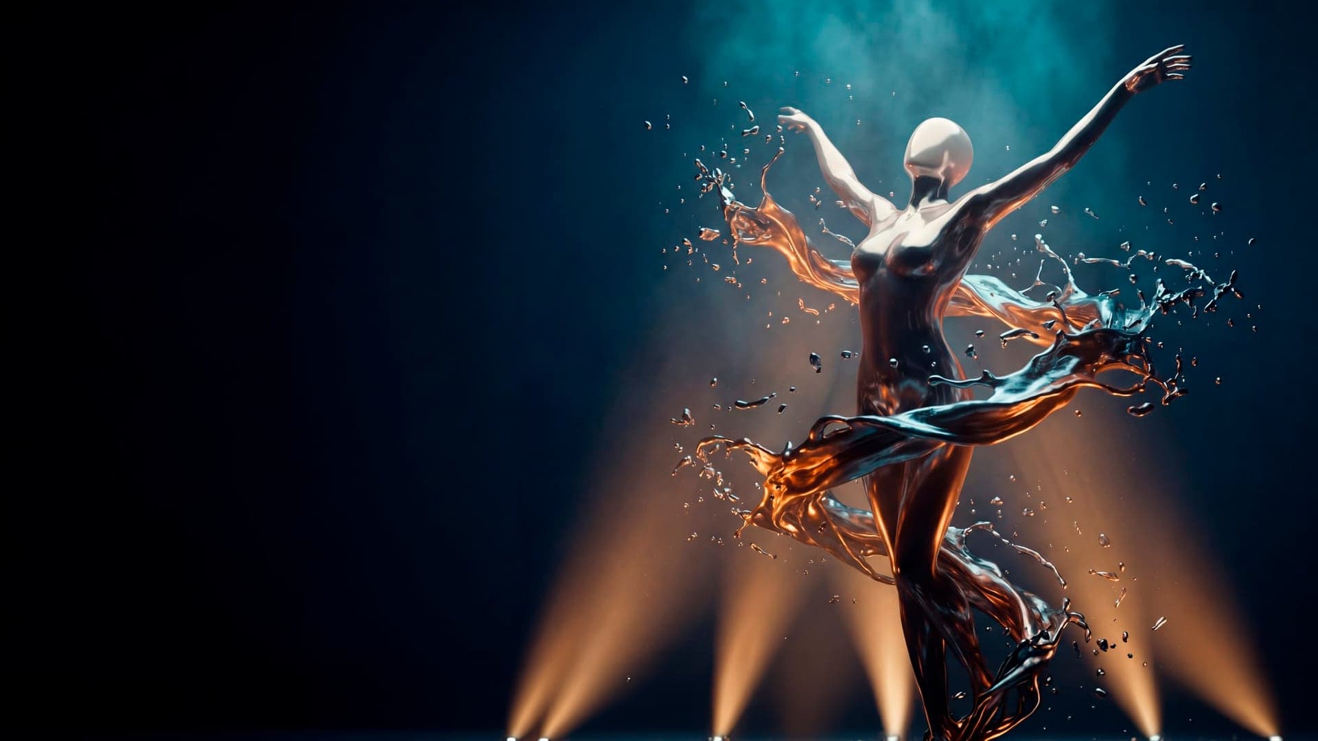 A liquid-metal figure in motion — copper and steel cyan