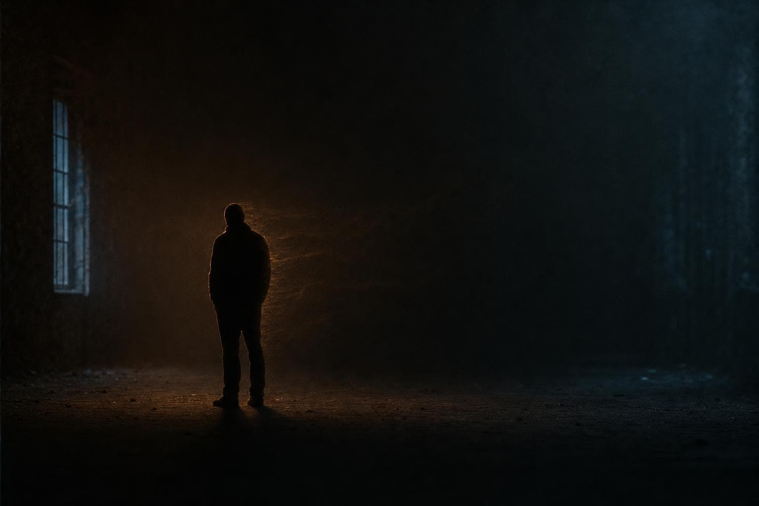Одинокий силуэт, из которого утекает тёплый свет в темноту — символ слива энергии
