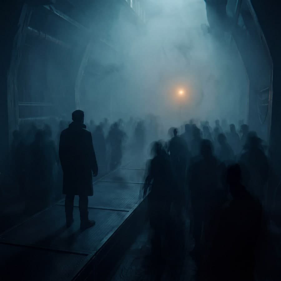 A solitary figure dissolving into a faceless crowd
